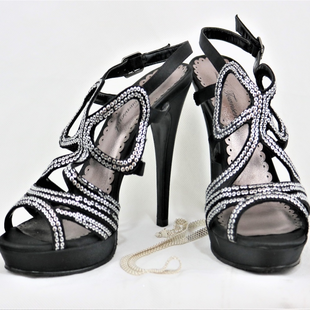 SEXY Black with Silver Sequin Heels - Sz 7.5